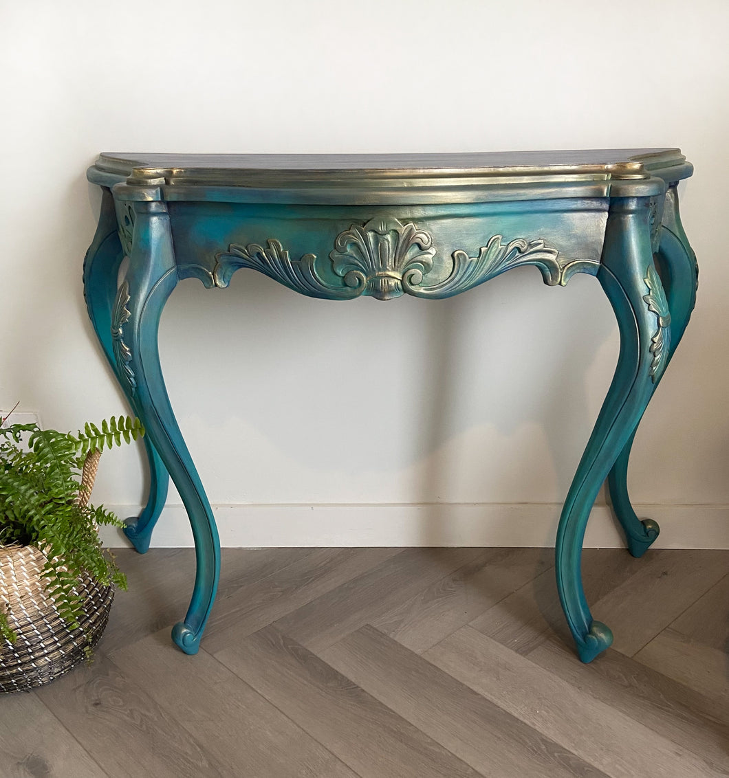 Ornate curved console table, blue, turquoise