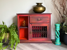 Load image into Gallery viewer, Boho style, hand painted slim cabinet. Red/orange solid wood console

