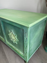 Load image into Gallery viewer, Hand-Painted Vintage Blanket Box – Green Blended Storage Chest – Boho Cottage Furniture – Upcycled Decorative Trunk
