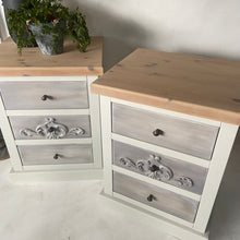 Load image into Gallery viewer, Pair of pine bedside drawers, cream/grey
