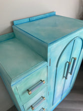 Load image into Gallery viewer, Art Deco small oak wardrobe with drawers, turquoise
