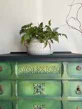 Load image into Gallery viewer, Hand Painted Vintage Chest of Drawers, Forest Green Furniture, Ornate Detail, One of a Kind
