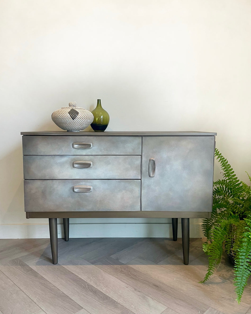 Mid Century Hand Painted Cabinet | Vintage Sideboard | Earthy Tones Bronze Finish | Retro Furniture