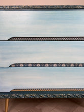 Load image into Gallery viewer, Mid century chest of drawers, blue &amp; teal boho style
