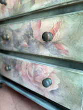 Load image into Gallery viewer, Hand painted pine chest of drawers, dark green and floral
