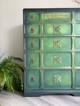 Load image into Gallery viewer, Hand Painted Vintage Chest of Drawers, Forest Green Furniture, Ornate Detail, One of a Kind
