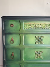 Load image into Gallery viewer, Hand Painted Vintage Chest of Drawers, Forest Green Furniture, Ornate Detail, One of a Kind
