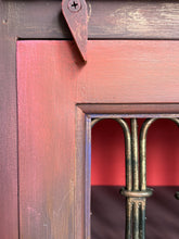 Load image into Gallery viewer, Boho style, hand painted slim cabinet. Red/orange solid wood console
