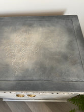 Load image into Gallery viewer, Vintage vinyl record cabinet, beige &amp; grey painted
