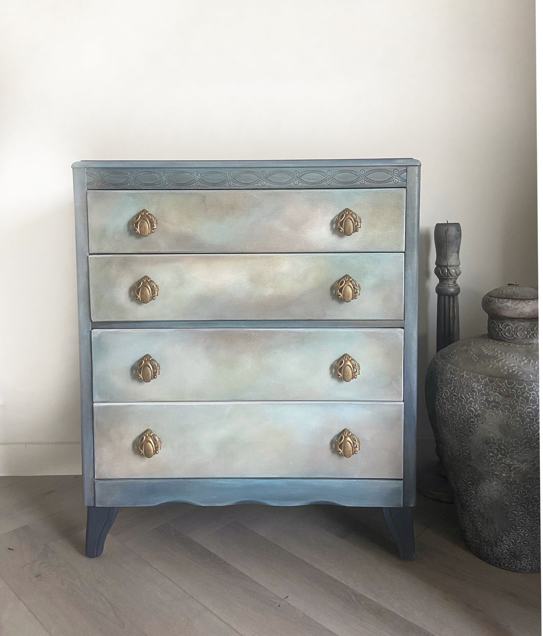 Vintage Lebus chest of drawers, painted blue, bronze