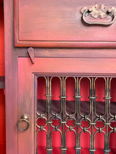 Load image into Gallery viewer, Boho style, hand painted slim cabinet. Red/orange solid wood console
