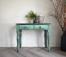Load image into Gallery viewer, Hand painted vintage pine console table, green &amp; bronze, textured
