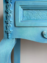 Load image into Gallery viewer, Turquoise Blue Hand Painted Pine Console Table. Boho Style
