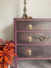Load image into Gallery viewer, Vintage Hand Painted Chest of Drawers – Burgundy &amp; Gold Ornate Dresser, Upcycled Antique Style Furniture, Unique Boho Statement Storage
