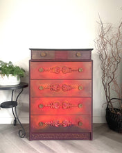 Load image into Gallery viewer, Vintage Stag Chest of Drawers Hand Painted Boho Blends, Orange &amp; Red
