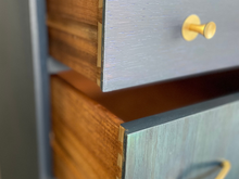 Load image into Gallery viewer, Vintage Limelight Chest of Drawers – Hand-Finished in Custom Blue Teal | Restored Mid-Century Storage | Gold Accents | Unique Bedroom Furniture
