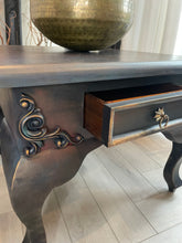 Load image into Gallery viewer, Vintage hand-painted side tables. Pair of french style bedside tables. Metallic finish
