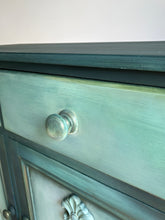 Load image into Gallery viewer, Vintage pine cabinet/sideboard. Dark green and teal
