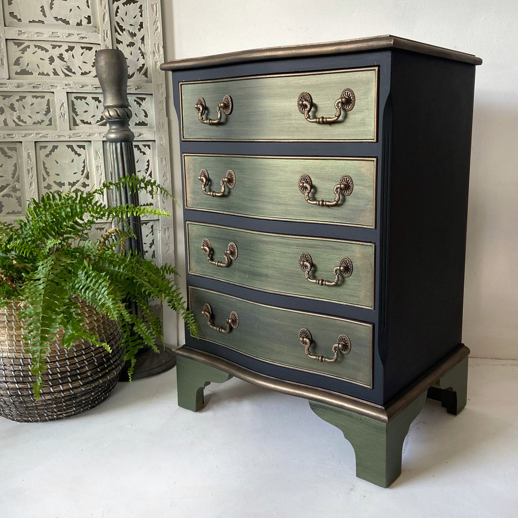 Small vintage chest of drawers, black green and bronze