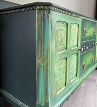 Load image into Gallery viewer, Hand Painted Oak Sideboard | Upcycled Green Storage Cabinet | Rustic Farmhouse Furniture
