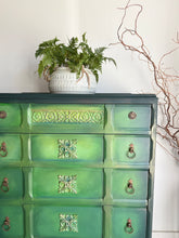 Load image into Gallery viewer, Hand Painted Vintage Chest of Drawers, Forest Green Furniture, Ornate Detail, One of a Kind
