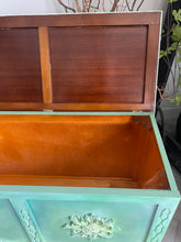 Load image into Gallery viewer, Hand-Painted Vintage Blanket Box – Green Blended Storage Chest – Boho Cottage Furniture – Upcycled Decorative Trunk
