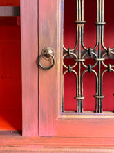 Load image into Gallery viewer, Boho style, hand painted slim cabinet. Red/orange solid wood console
