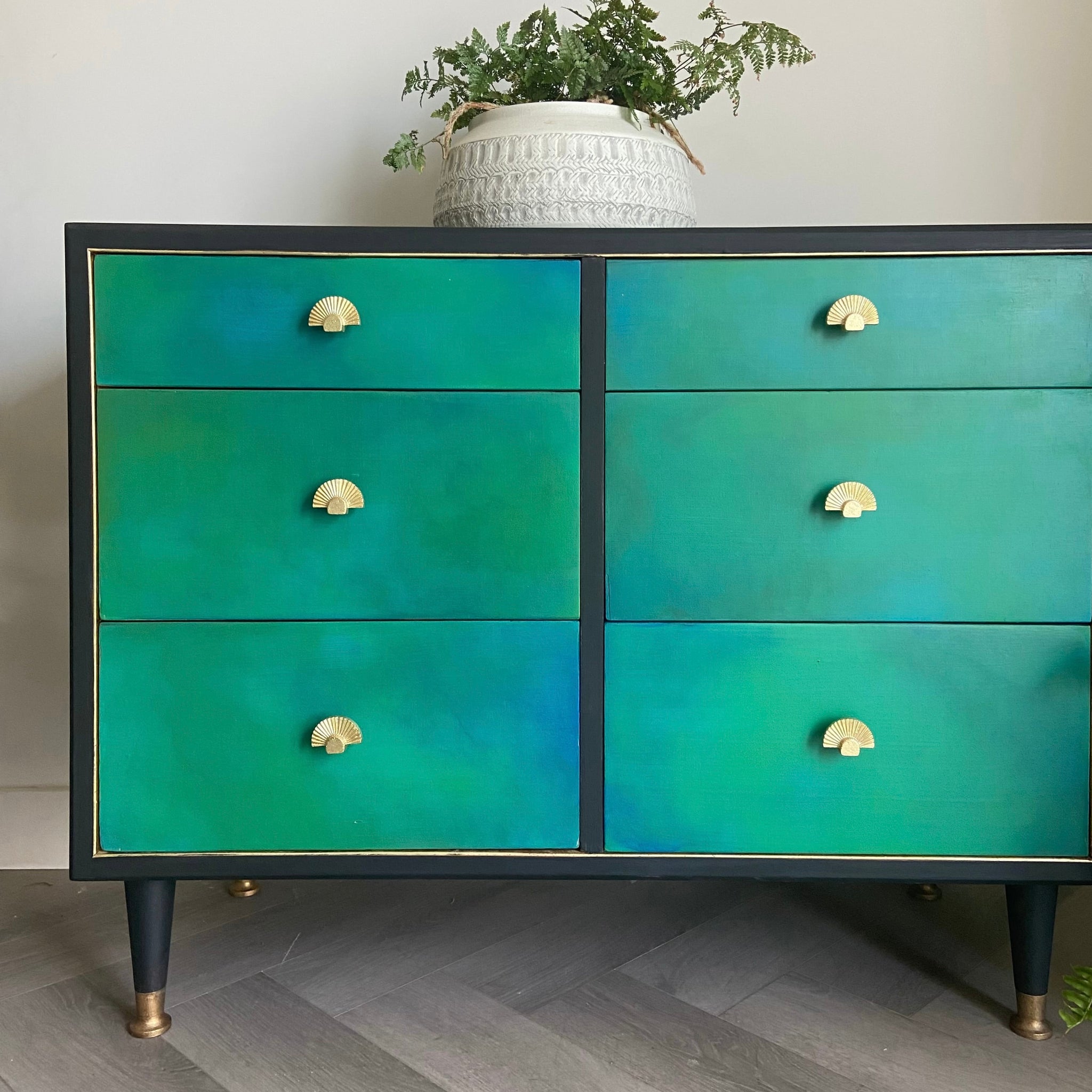 Mid-century low chest of drawers, dresser, green – Mckay Designs