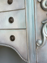 Load image into Gallery viewer, Vintage Hand Painted Sideboard in Beige, Seafoam &amp; Grey, Ornate French Style Cabinet, Statement Hallway Table Storage Unit
