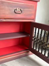 Load image into Gallery viewer, Boho style, hand painted slim cabinet. Red/orange solid wood console
