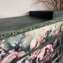 Load image into Gallery viewer, Vintage Hand Painted Floral Chest of Drawers, Deep Green Statement Furniture, Mid Century Dresser
