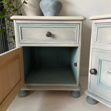 Load image into Gallery viewer, Pair of pine bedside cabinets, cream &amp; duck egg
