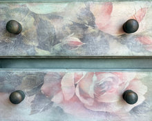 Load image into Gallery viewer, Hand painted pine chest of drawers, dark green and floral
