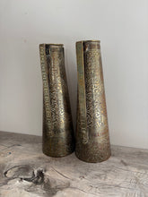 Load image into Gallery viewer, Vintage Kinco Brass Vases, Persian Style, Engraved Double-Handled Pair (23cm)
