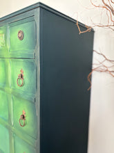 Load image into Gallery viewer, Hand Painted Vintage Chest of Drawers, Forest Green Furniture, Ornate Detail, One of a Kind

