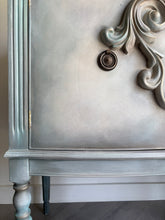 Load image into Gallery viewer, Vintage Hand Painted Sideboard in Beige, Seafoam &amp; Grey, Ornate French Style Cabinet, Statement Hallway Table Storage Unit
