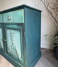 Load image into Gallery viewer, Vintage pine cabinet/sideboard. Dark green and teal
