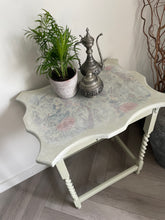 Load image into Gallery viewer, Vintage oak side table, sage green, floral top
