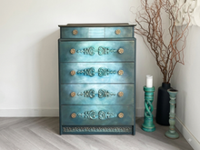 Load image into Gallery viewer, Vintage Stag chest of drawers, hand painted teal
