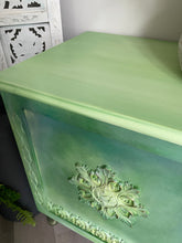 Load image into Gallery viewer, Hand-Painted Vintage Blanket Box – Green Blended Storage Chest – Boho Cottage Furniture – Upcycled Decorative Trunk
