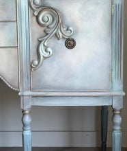 Load image into Gallery viewer, Vintage Hand Painted Sideboard in Beige, Seafoam &amp; Grey, Ornate French Style Cabinet, Statement Hallway Table Storage Unit
