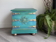 Load image into Gallery viewer, Hand Painted Vintage Storage Chest Coffee Table | Green Turquoise Blanket Box | Upcycled Wooden Trunk
