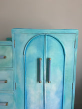 Load image into Gallery viewer, Art Deco small oak wardrobe with drawers, turquoise
