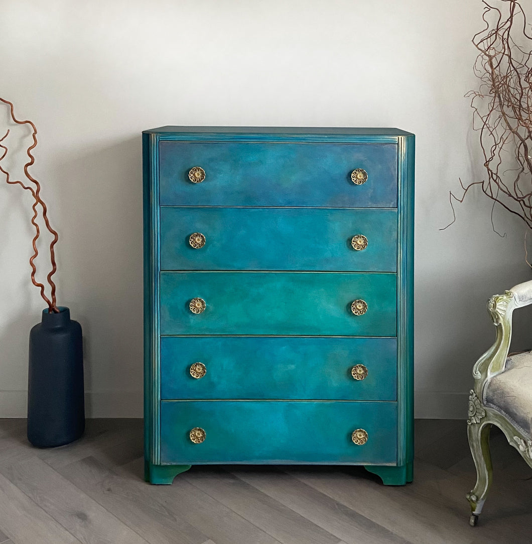 Mid century tall chest of drawers, hand painted