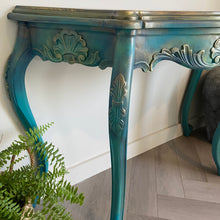 Load image into Gallery viewer, Ornate curved console table, blue, turquoise
