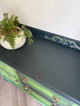 Load image into Gallery viewer, Hand Painted Oak Sideboard | Upcycled Green Storage Cabinet | Rustic Farmhouse Furniture
