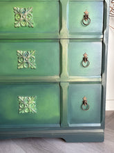 Load image into Gallery viewer, Hand Painted Vintage Chest of Drawers, Forest Green Furniture, Ornate Detail, One of a Kind

