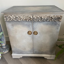 Load image into Gallery viewer, Vintage vinyl record cabinet, beige &amp; grey painted
