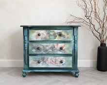 Load image into Gallery viewer, Hand painted pine chest of drawers, dark green and floral

