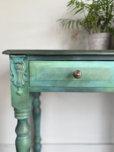 Load image into Gallery viewer, Hand painted vintage pine console table, green &amp; bronze, textured
